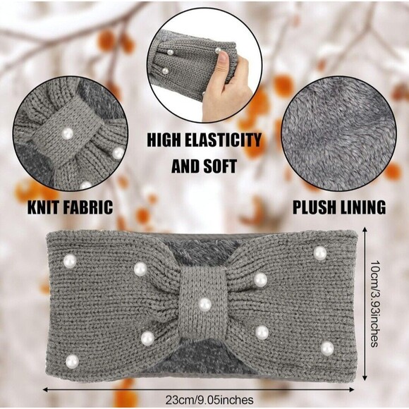 4 Pcs Winter Plush Fleece Knit Headbands for Women Elastic Bow Pearl Headwear - Picture 3 of 5